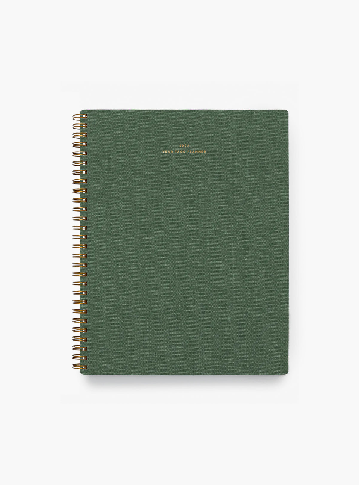 A green spiral-bound Yearly Task Planner from APPOINTED, featuring gold text on the cover that reads "2023 YEAR TASK PLANNER".