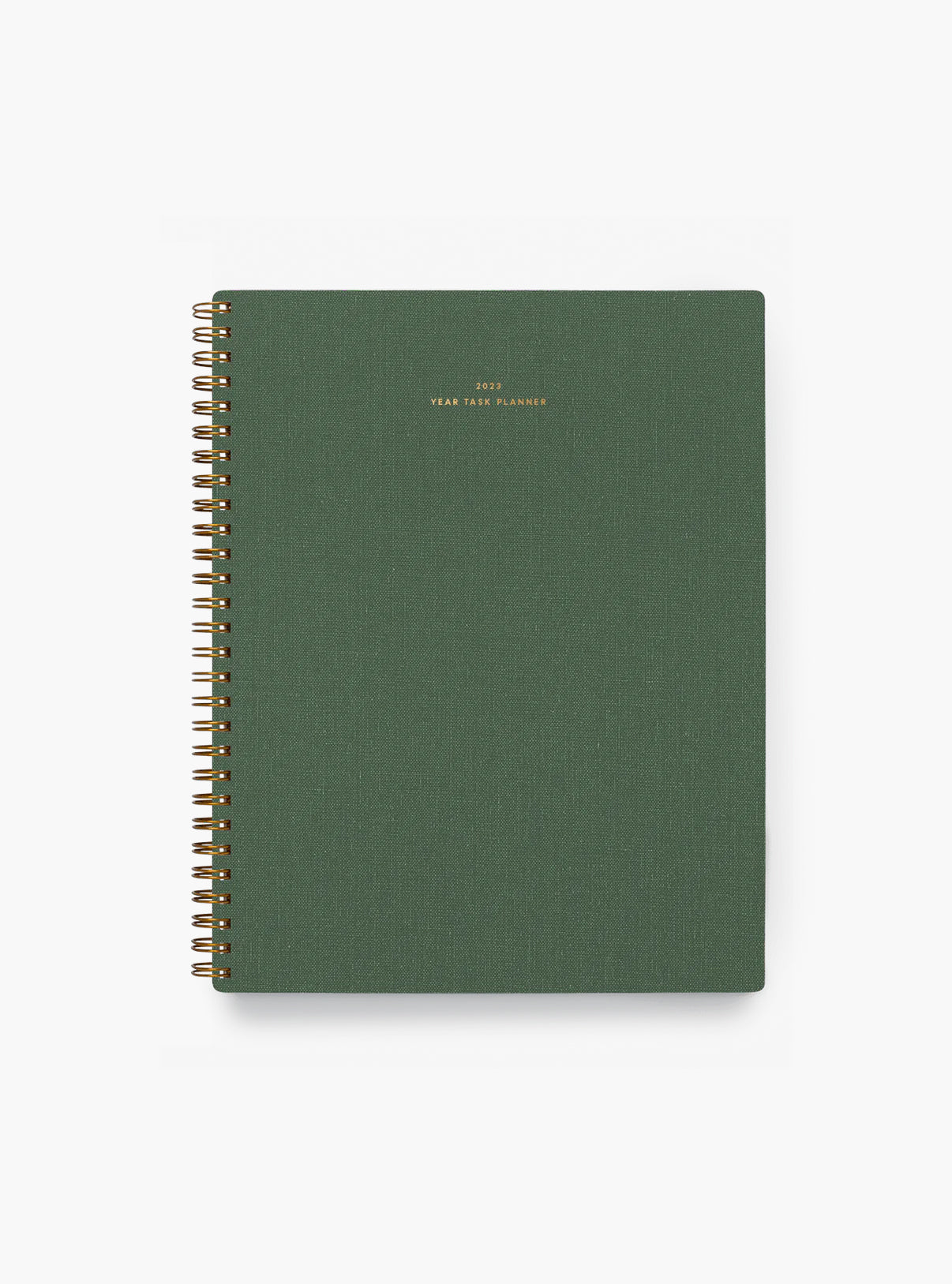 A green spiral-bound Yearly Task Planner from APPOINTED, featuring gold text on the cover that reads "2023 YEAR TASK PLANNER".