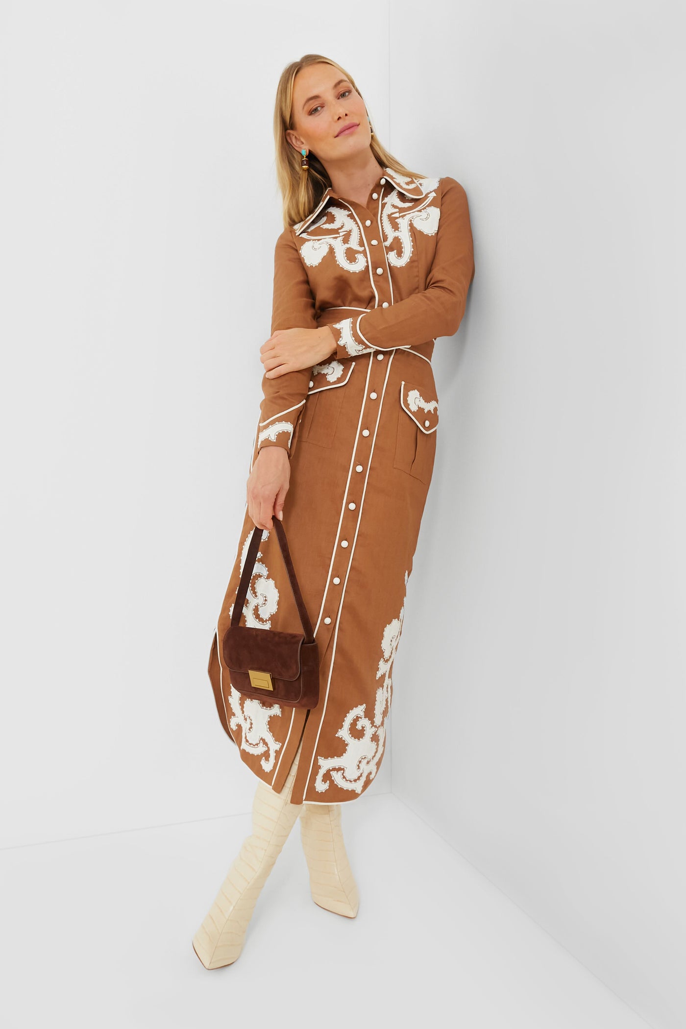 alemais ruby applique midi dress ALMAIS Ruby Applique Linen Midi Dress in Metallic