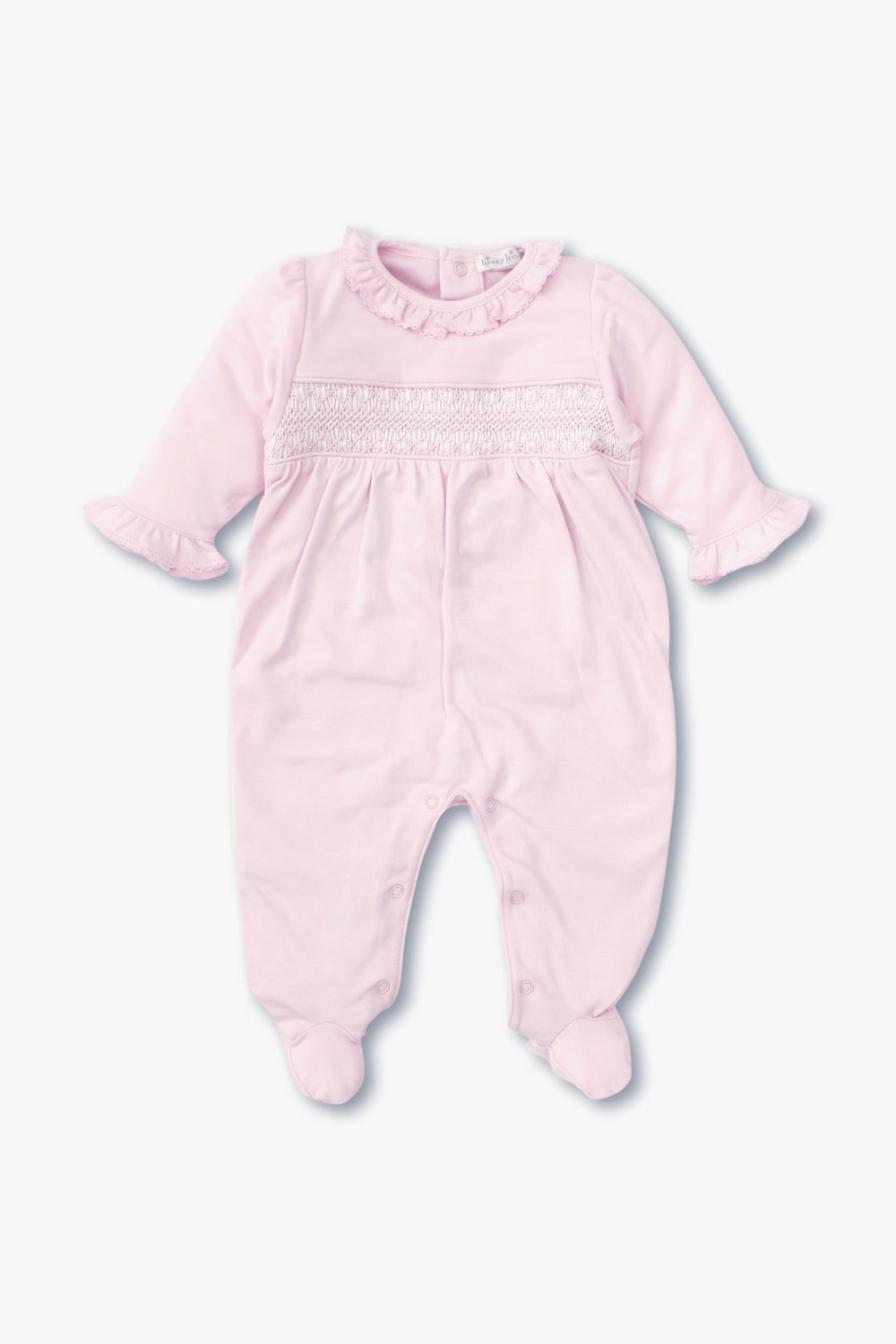 The kissy kissy light pink long-sleeve hand-smocked footie baby onesie is made from soft Peruvian cotton and features a ruffled collar, ruffled cuffs, smocked chest detail, and closed feet.