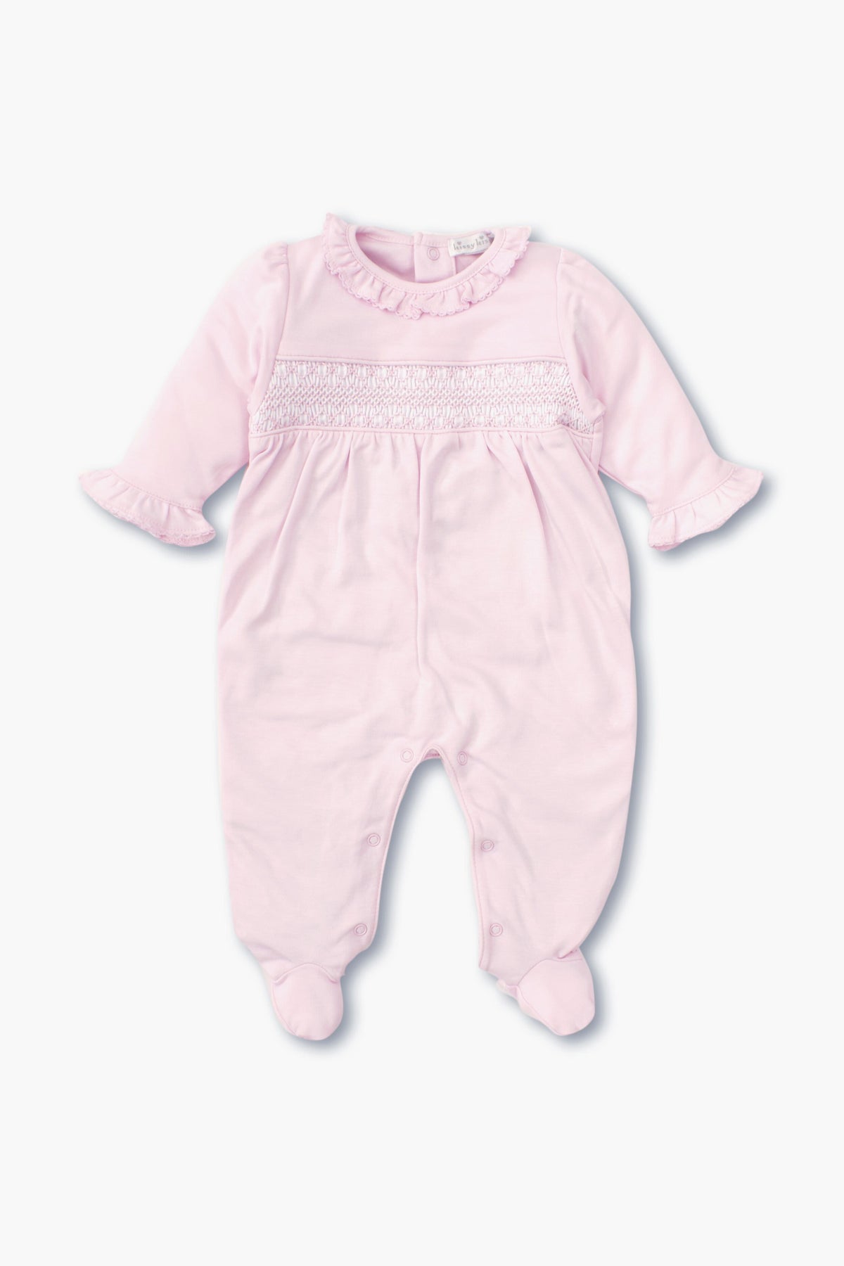 The kissy kissy light pink long-sleeve hand-smocked footie baby onesie is made from soft Peruvian cotton and features a ruffled collar, ruffled cuffs, smocked chest detail, and closed feet.