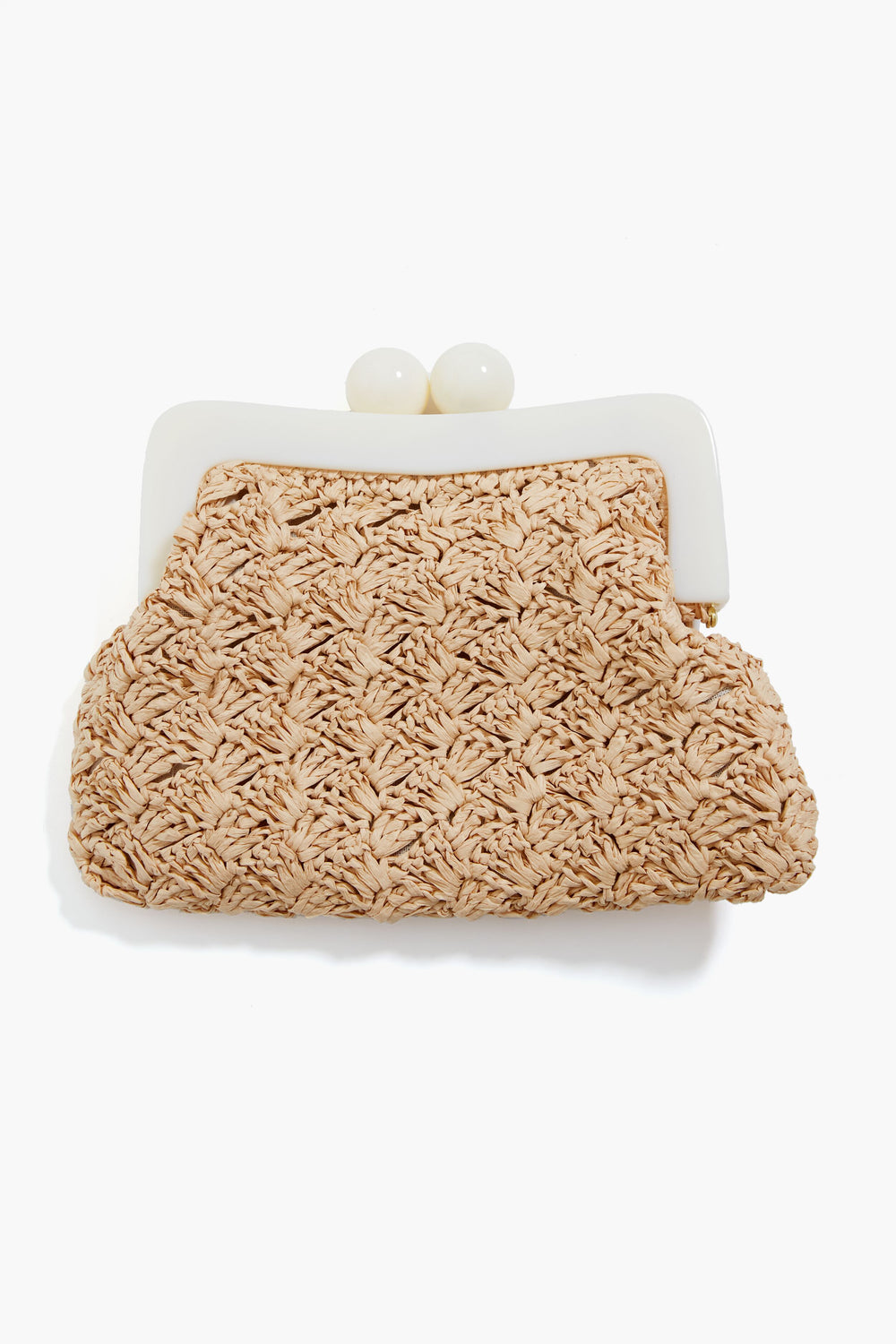 The BTB Natural Mina Clutch boasts a beige woven texture, a white frame with two round clasp knobs, and effortlessly captures boho chic style.