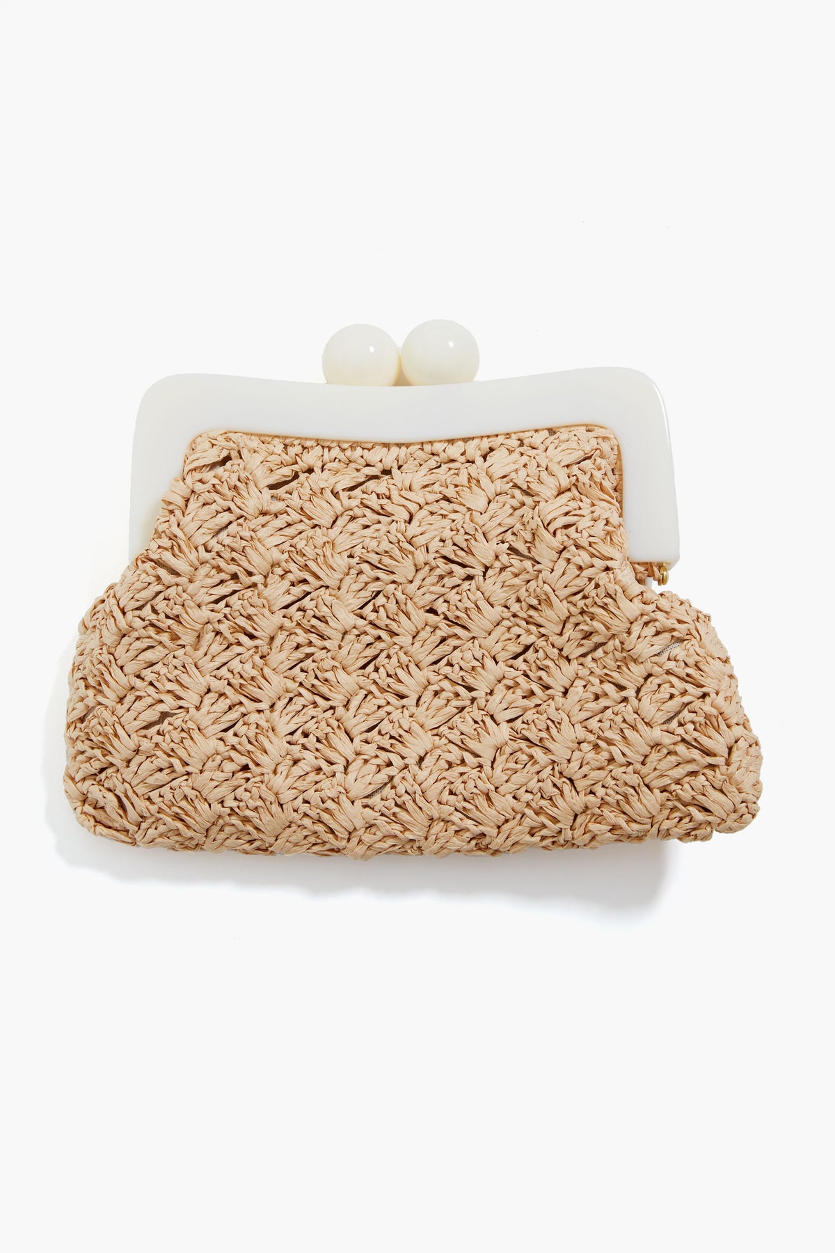 The BTB Natural Mina Clutch boasts a beige woven texture, a white frame with two round clasp knobs, and effortlessly captures boho chic style.