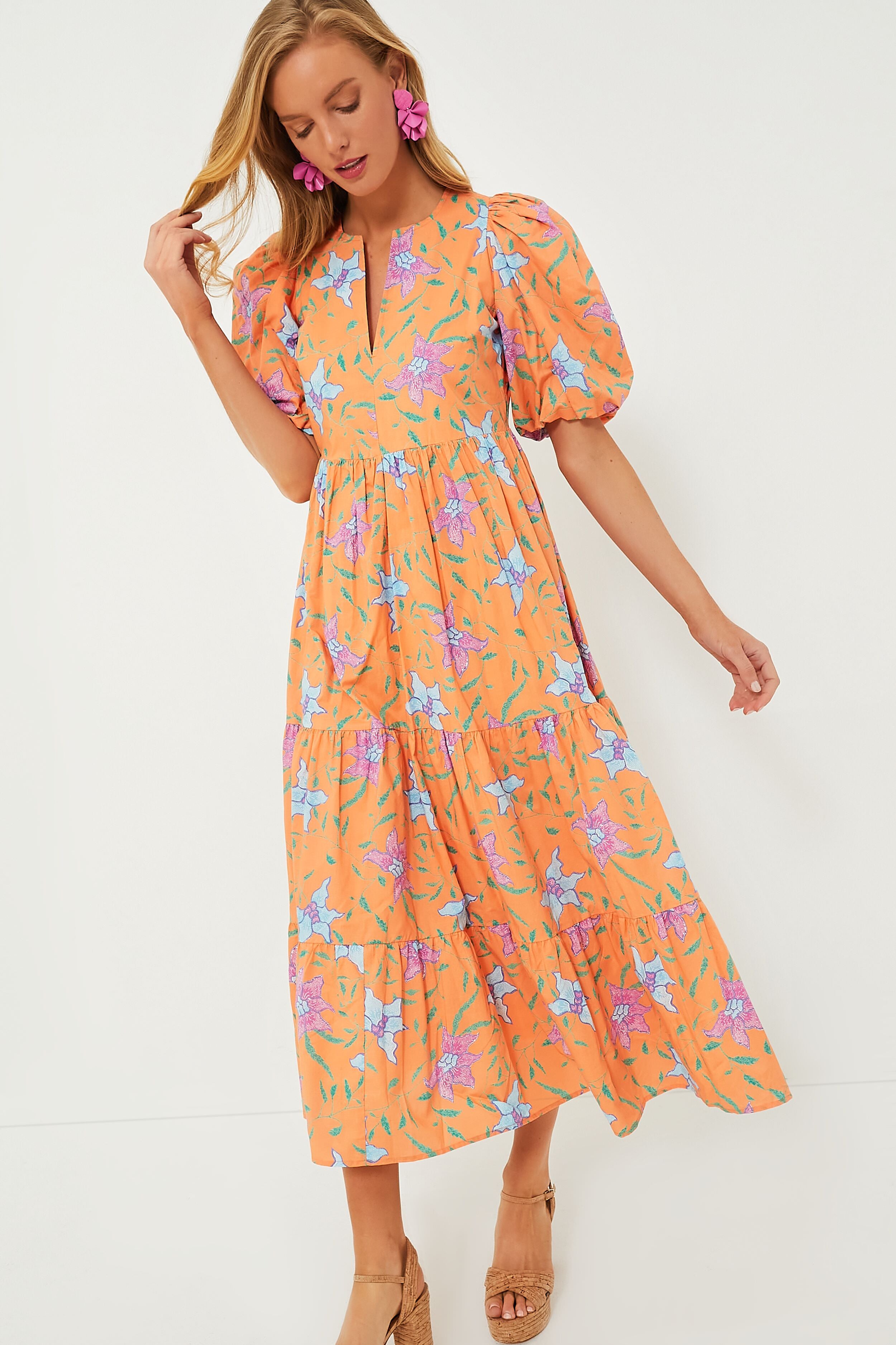 Jjill J.jill Smocked-back Flounced-hem Maxi Dress In Navigator Orange  Floral Breeze | ModeSens