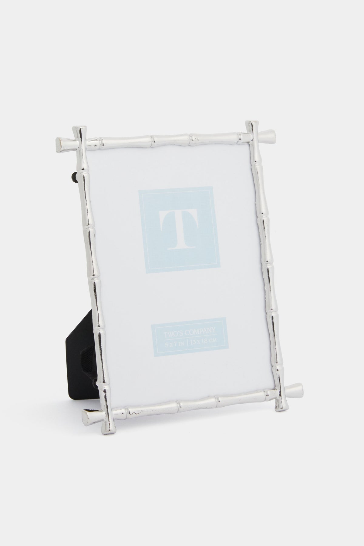 The Two’s Company silver photo frame features a bamboo design, stands upright, and includes a blank placeholder inside.