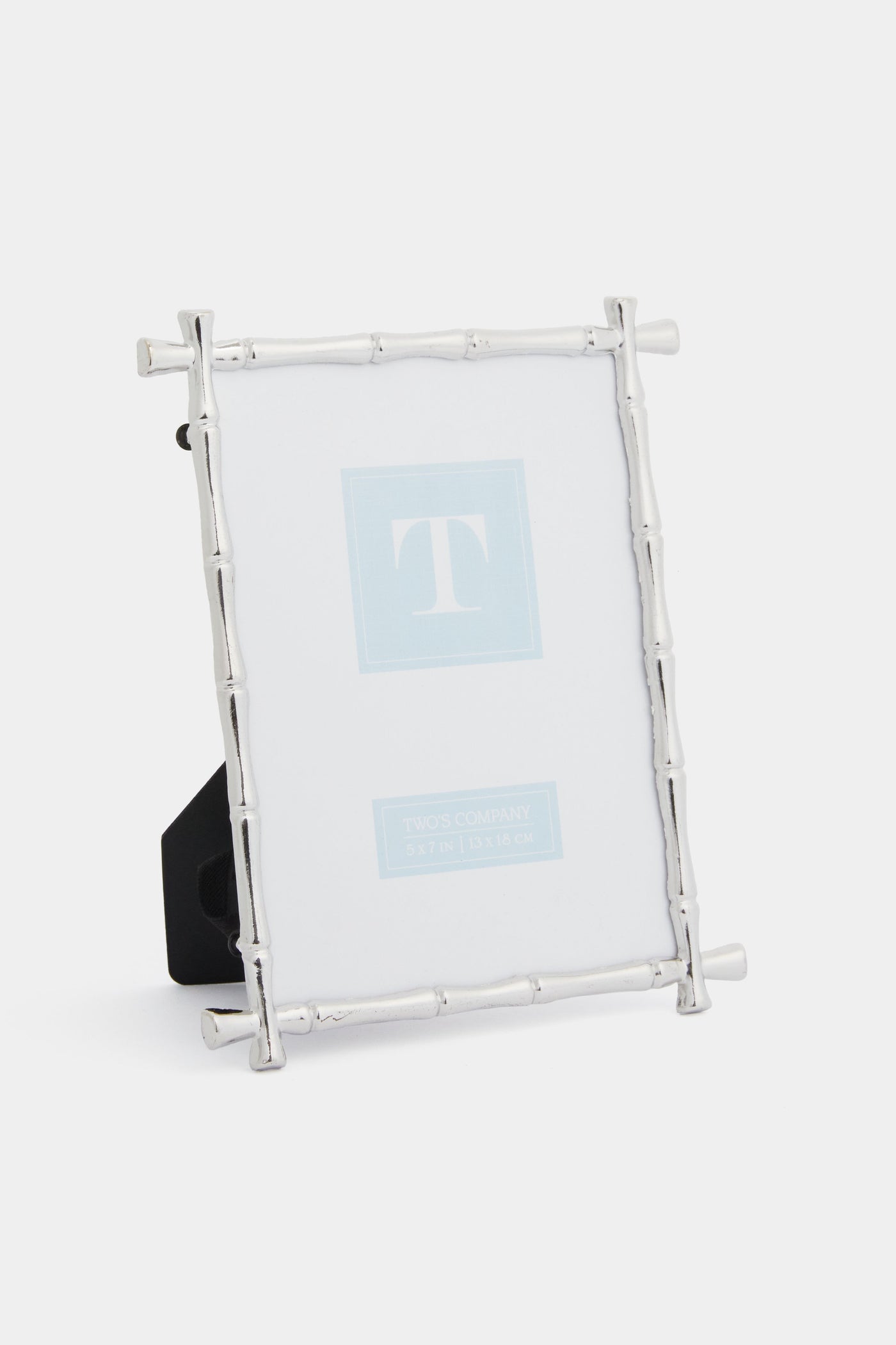 The Two’s Company silver photo frame features a bamboo design, stands upright, and includes a blank placeholder inside.
