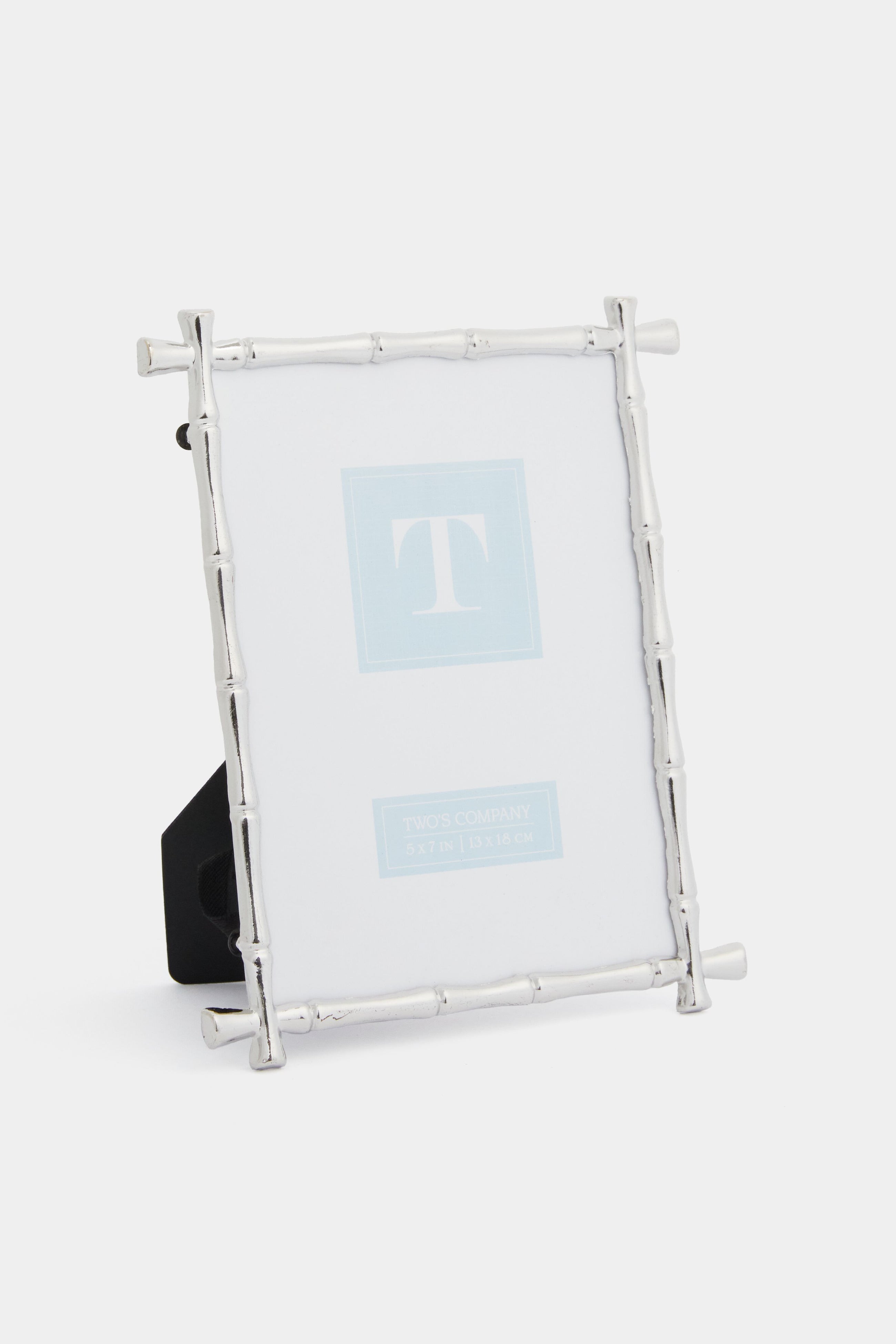 The Two’s Company silver photo frame features a bamboo design, stands upright, and includes a blank placeholder inside.