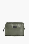 Paravel olive green rectangular toiletry bag featuring a black zipper and front label, ideal as a lightweight travel cosmetic pouch.