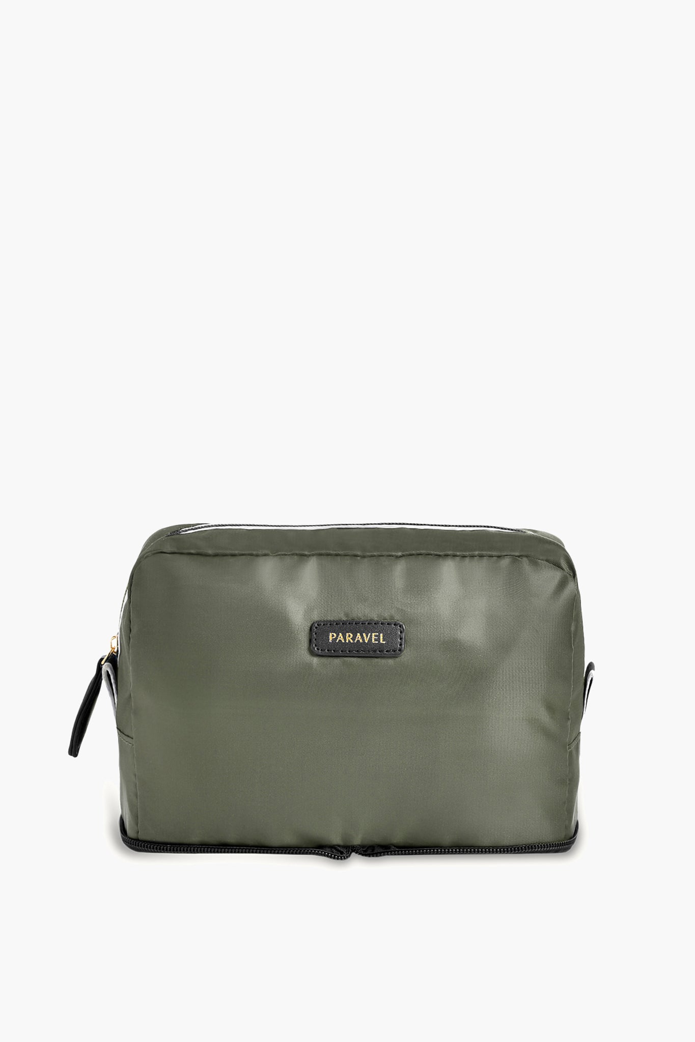 Paravel olive green rectangular toiletry bag featuring a black zipper and front label, ideal as a lightweight travel cosmetic pouch.