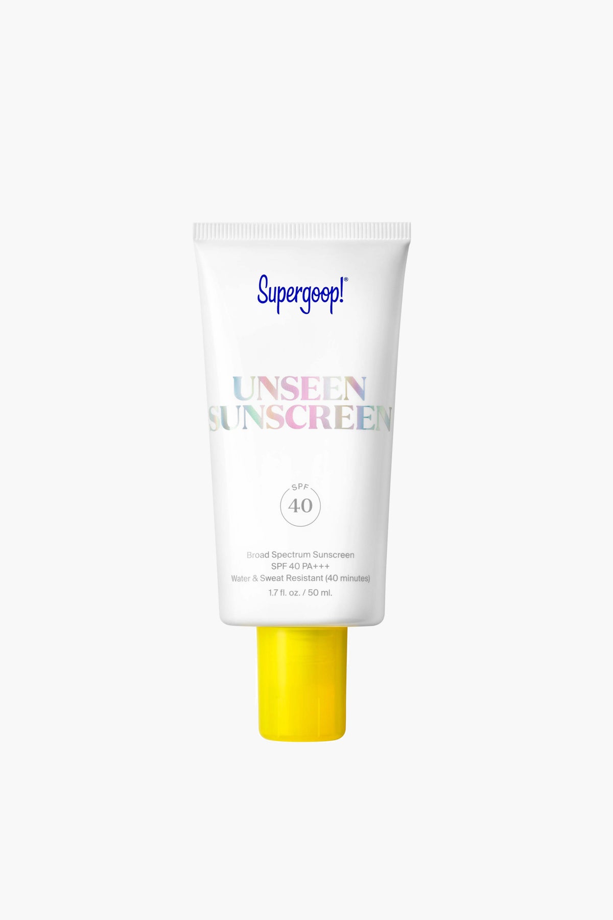 A white tube of Supergoop! Unseen Sunscreen SPF 40 with a yellow cap stands upright, emphasizing its reef-friendly formula.