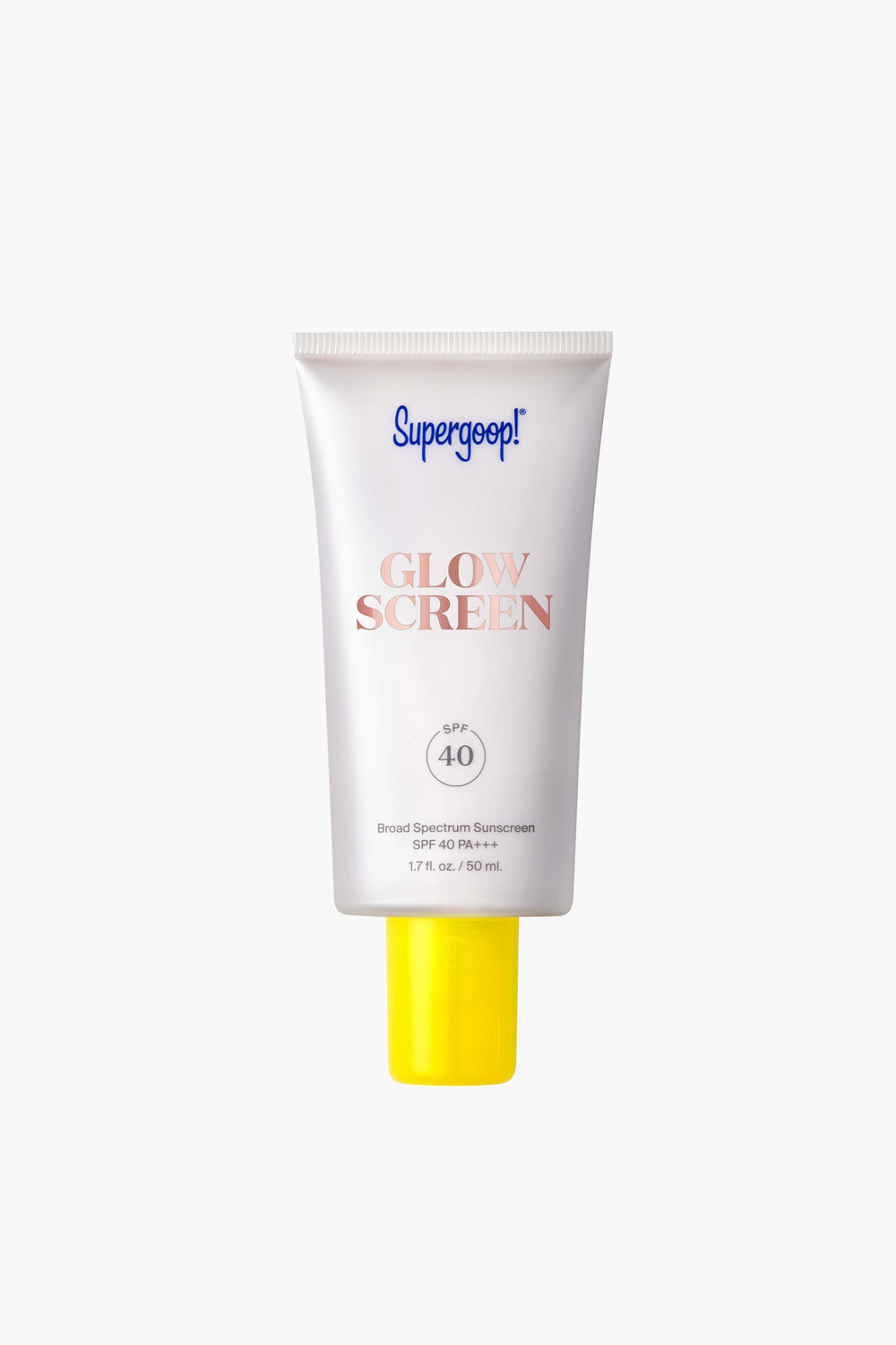 A 1.7 fl oz (50 ml) tube of Supergoop! Glowscreen SPF 40 sunscreen, with a yellow cap and labeled broad spectrum, provides sun protection and a dewy glow.