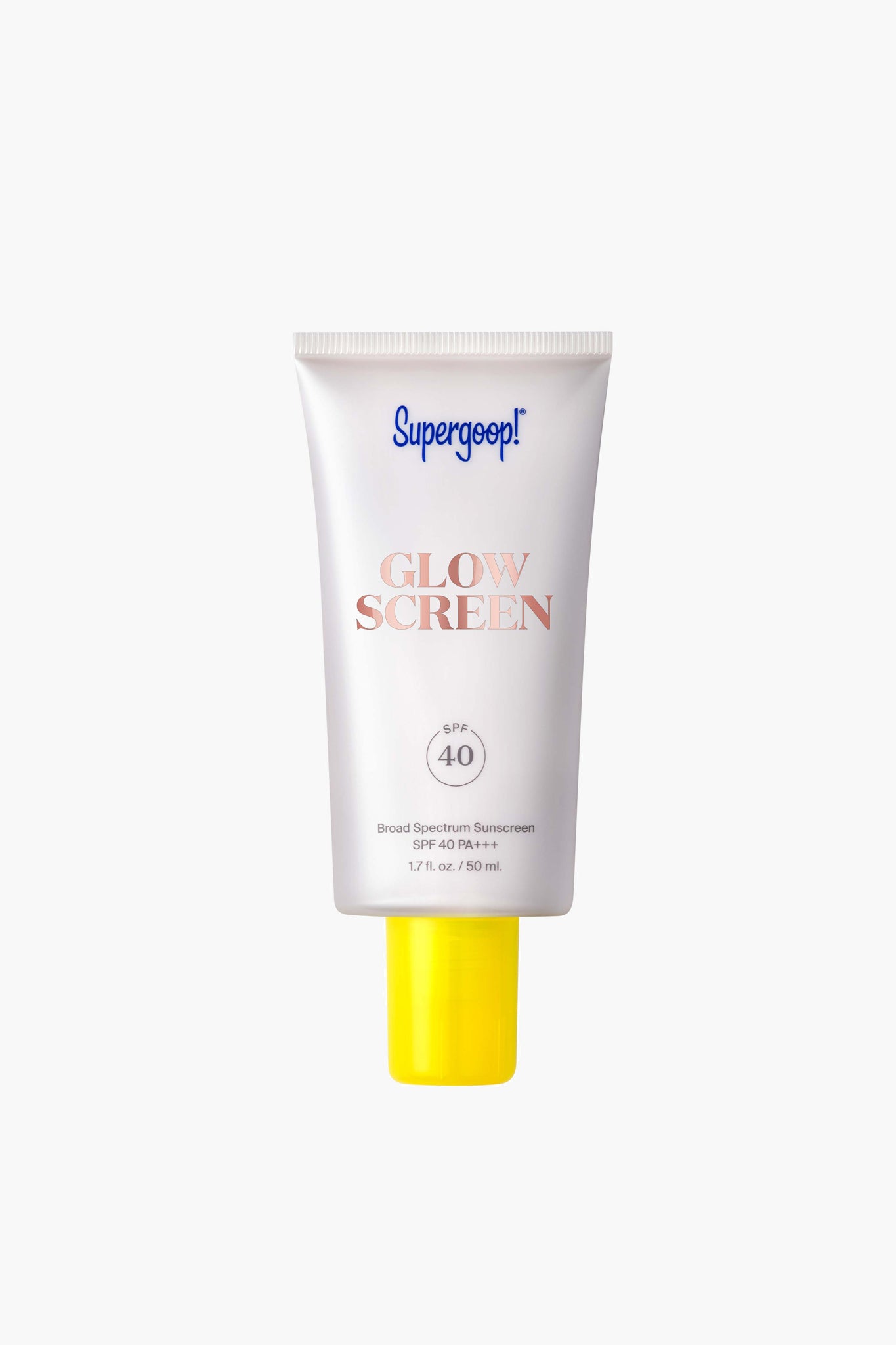 A 1.7 fl oz (50 ml) tube of Supergoop! Glowscreen SPF 40 sunscreen, with a yellow cap and labeled broad spectrum, provides sun protection and a dewy glow.