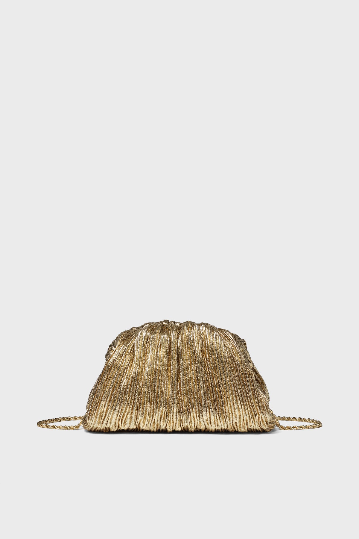 The Loeffler Randall gold pleated clutch bag with a string is perfect for evening occasions.