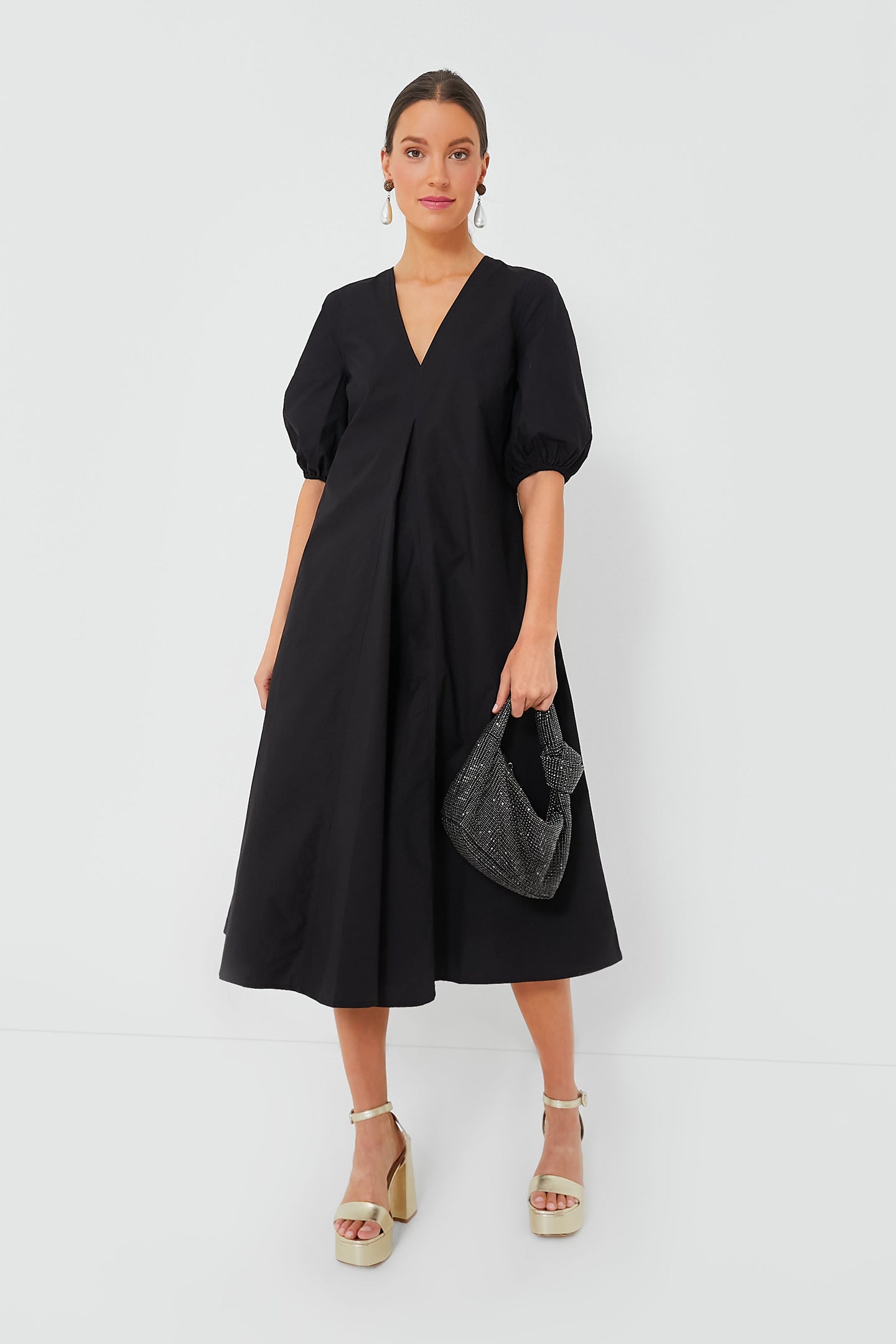 Black Cotton Poplin V-Neck Long Dress