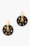 Lizzie Fortunato onyx arcade earrings feature black circular pendants on gold-plated brass hoops, accented with alternating small red and white stones.