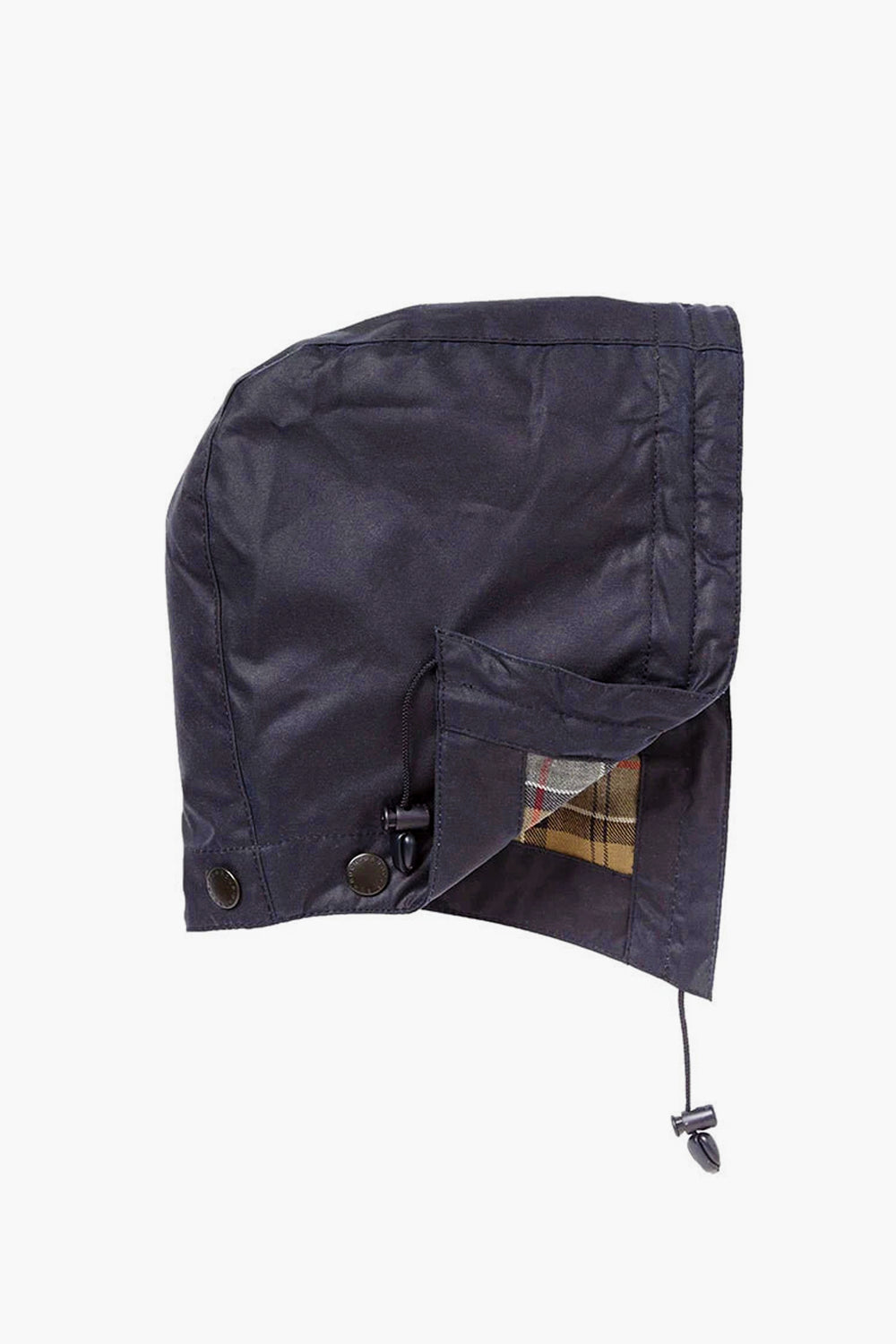 Barbour's detachable dark-colored waxed cotton hood features button and drawstring fasteners, a plaid lining, and is perfect for pairing with Beadnell or Bedale jackets.