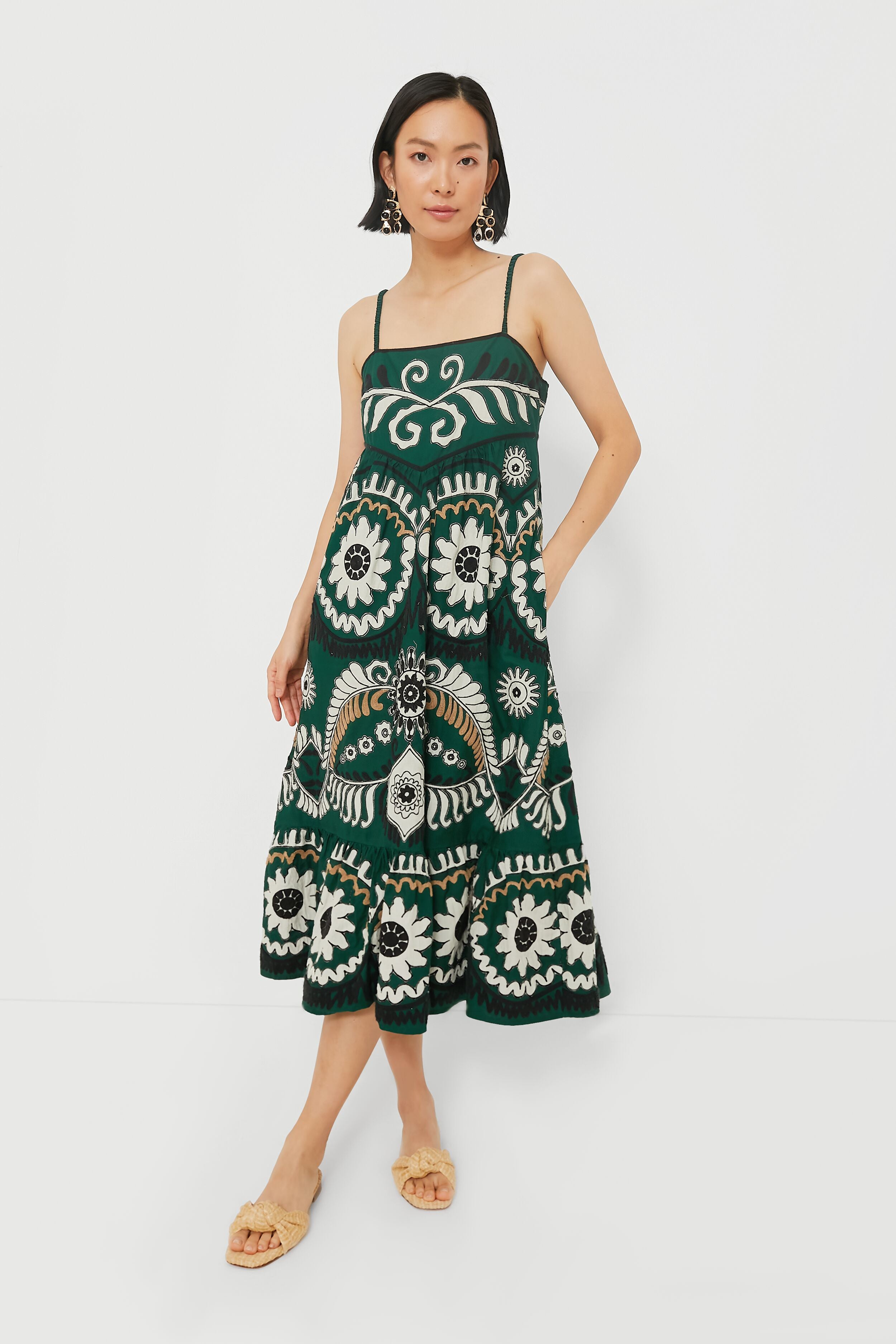 Green Charlough Print Sleeveless Embroidered Dress