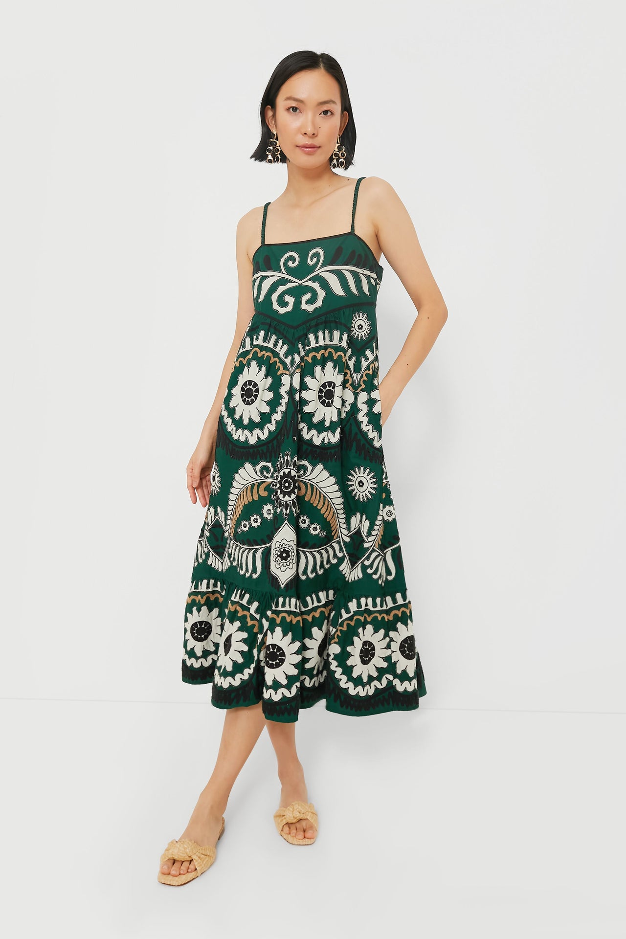 SEA NEW YORK Green Charlough Print Sleeveless Embroidered Dress