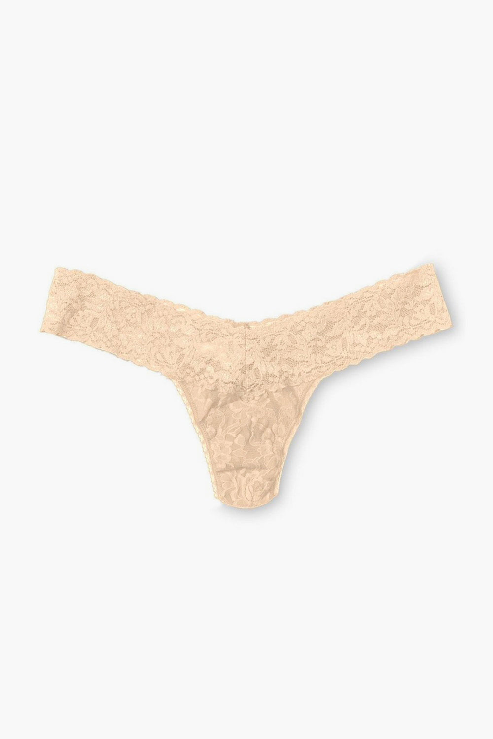 Hanky Panky beige women's low-rise thong, crafted from signature stretch lace and elegantly displayed.