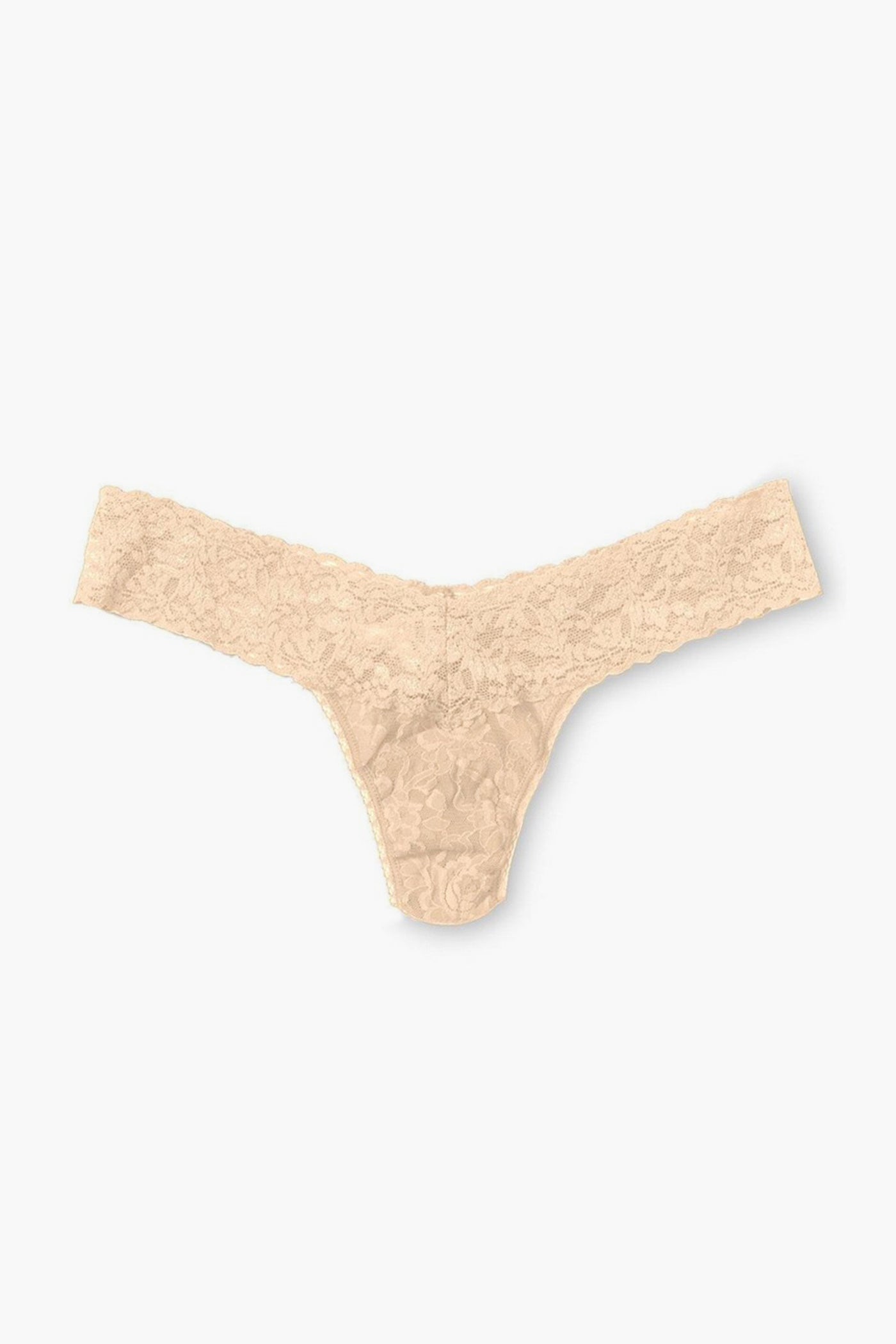 Hanky Panky beige women's low-rise thong, crafted from signature stretch lace and elegantly displayed.