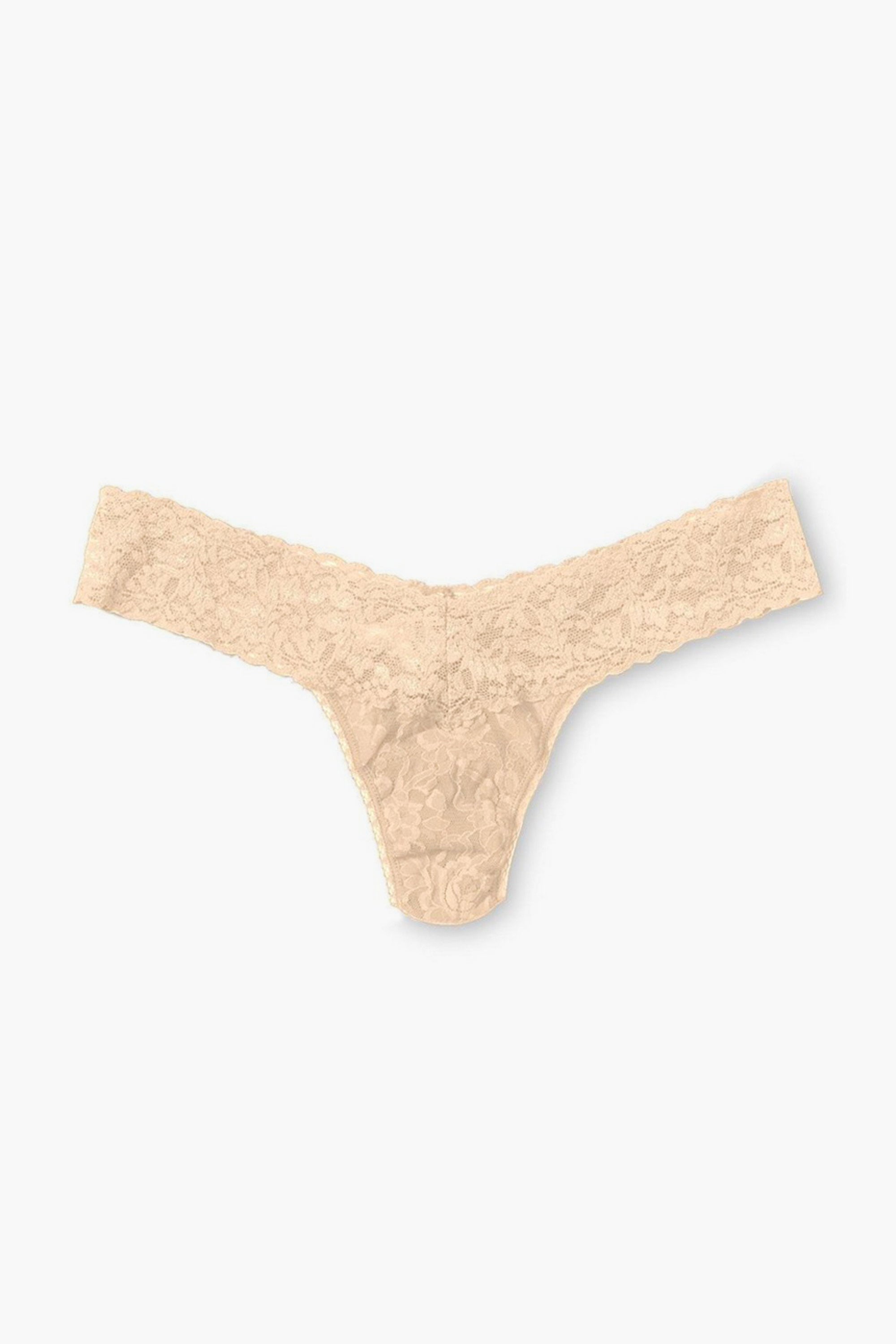 Hanky Panky beige women's low-rise thong, crafted from signature stretch lace and elegantly displayed.