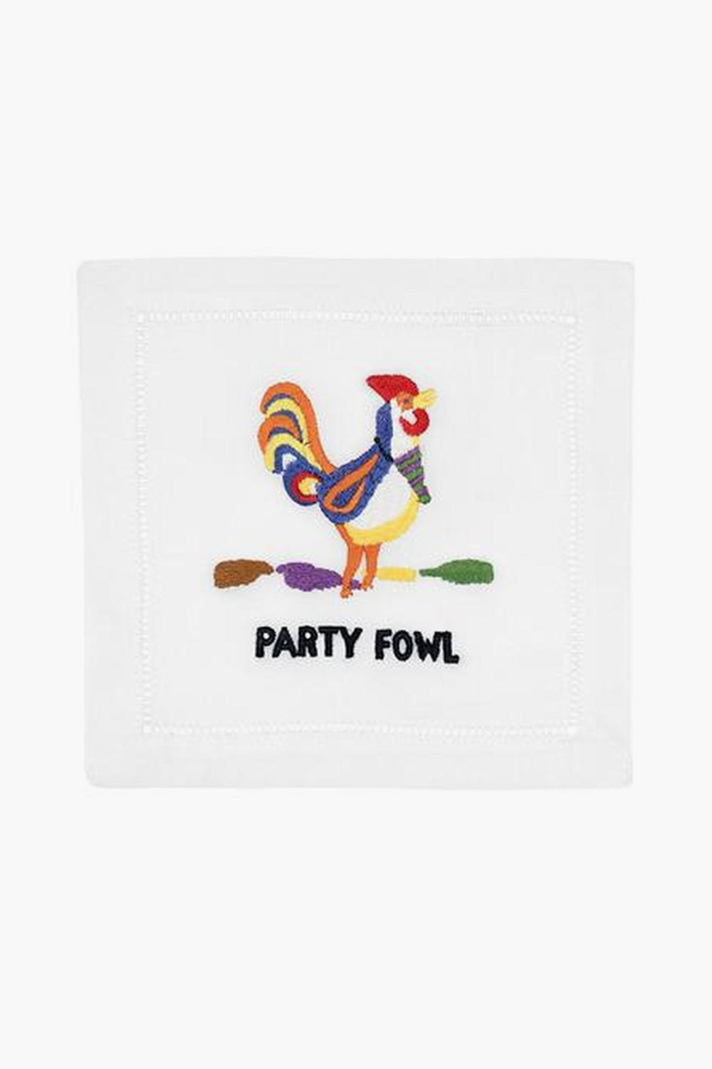 An August Morgan cocktail napkin features a colorful rooster with a party horn and "PARTY FOWL" text—perfect as a fun embroidered linen accent for your next gathering.