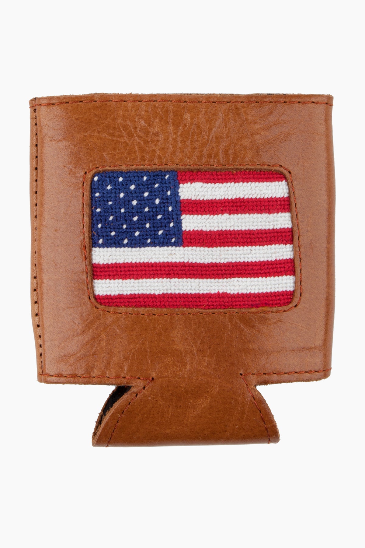 Smathers and Branson brown leather can holder with a hand-stitched American flag needlepoint patch, perfect as a patriotic can cooler or leather coozie.