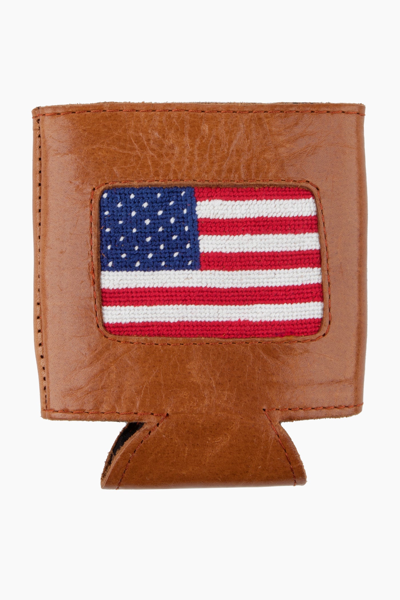 Smathers and Branson brown leather can holder with a hand-stitched American flag needlepoint patch, perfect as a patriotic can cooler or leather coozie.