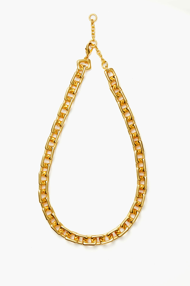 The Tuckernuck Jewelry chunky gold rectangle chain necklace features large, rectangular links and a lobster clasp. This adjustable piece makes a bold statement with any outfit.