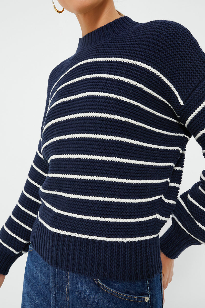 Dark Navy and Ivory Stripe Button Back Crewneck Sweater