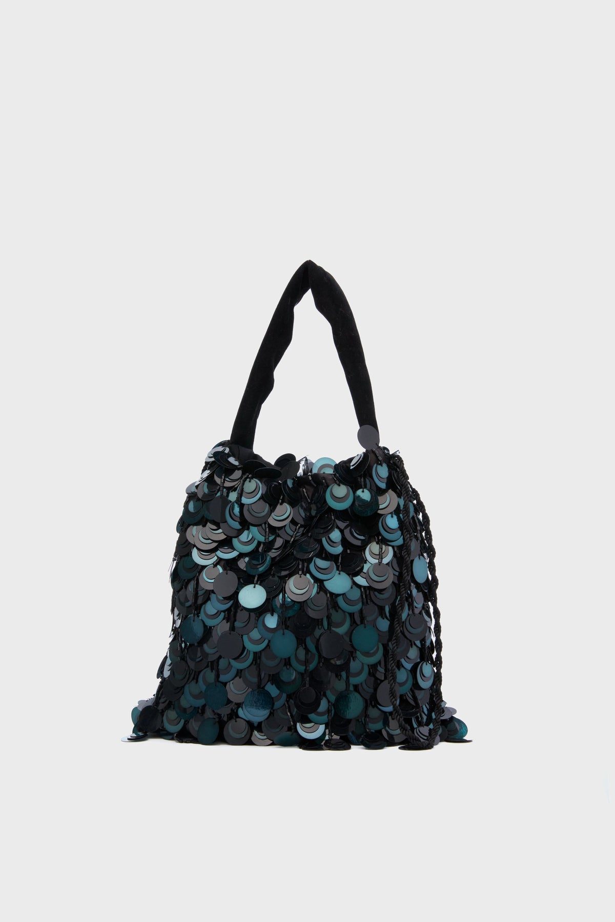 Lizzie Fortunato black handbag with a soft handle, featuring overlapping shiny blue and black circular sequins—perfect as a statement evening bag for stylish outings.