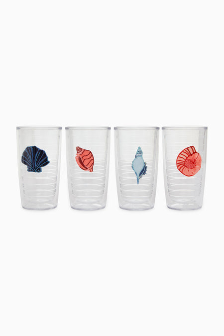 Set of four Tervis Tumbler x Tuckernuck Seashell Tumblers, each with a unique, colorful seashell design. Crafted from BPA-free, shatter-proof plastic—perfect for adding a coastal vibe to your table.