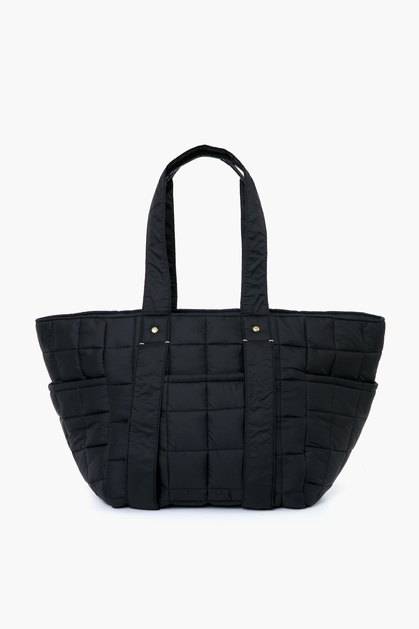 The Clare V black quilted tote bag features two handles, a rectangular shape, and grid stitching. Made from nylon, it’s both stylish and practical—ideal for carrying your essentials in a classic Clare V-inspired design.