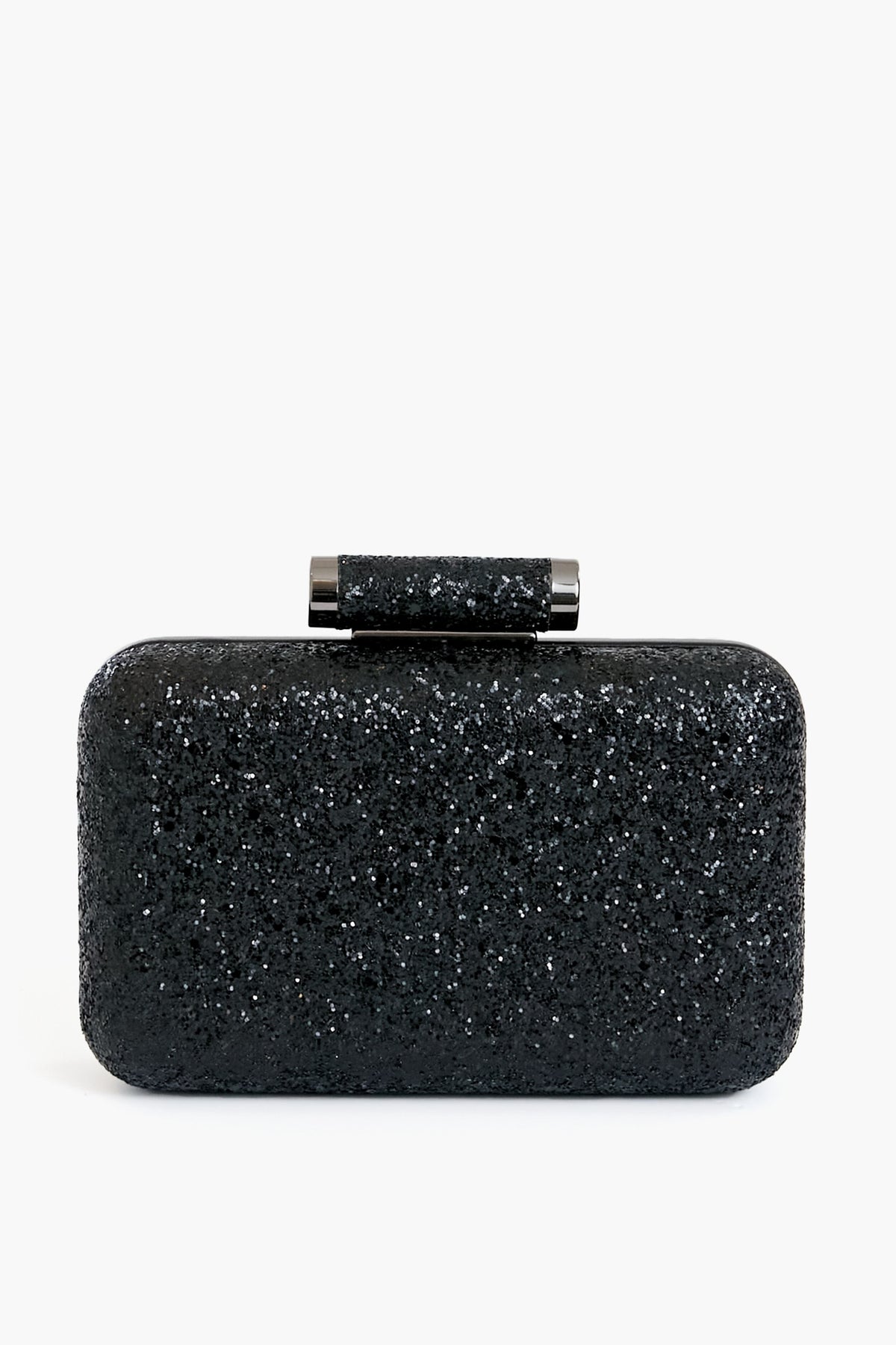 The Olga Berg rectangular black glitter clutch evening bag features a matching cylindrical clasp and is crafted from vegan leather.