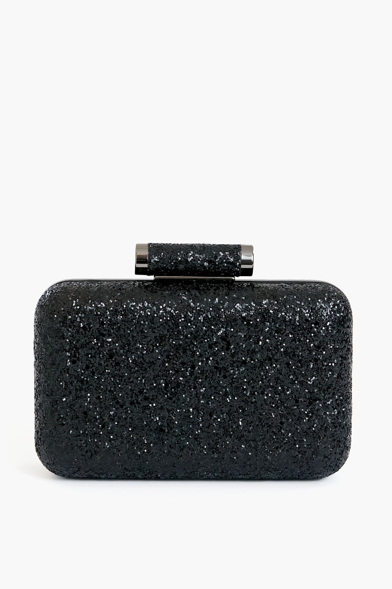 The Olga Berg rectangular black glitter clutch evening bag features a matching cylindrical clasp and is crafted from vegan leather.