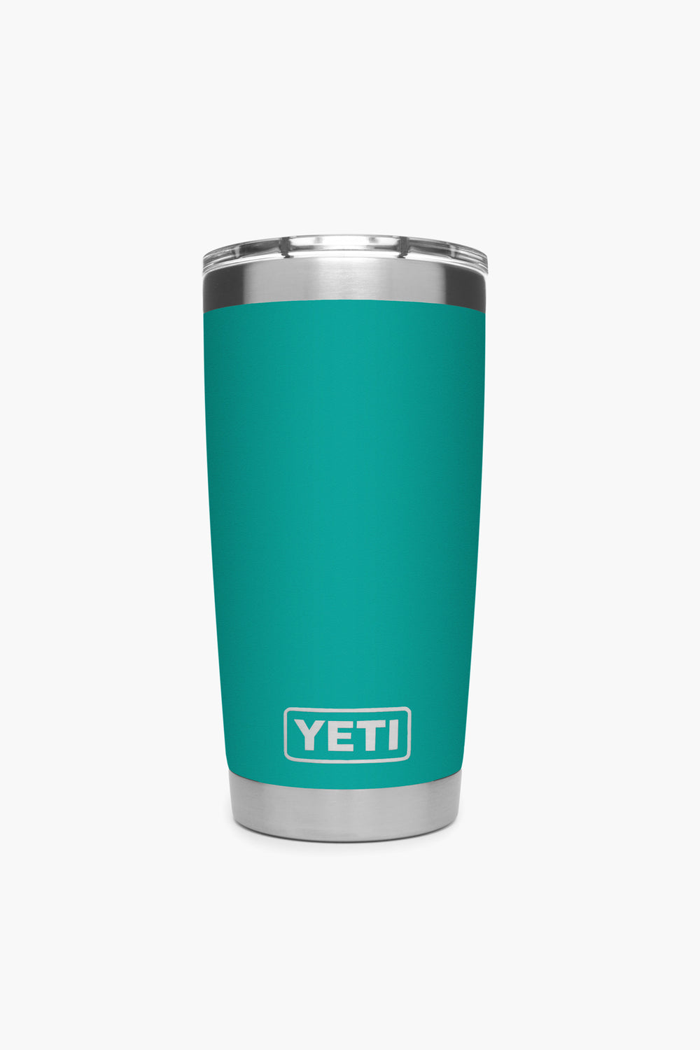 The YETI Rambler tumbler in teal features double-wall vacuum insulation to keep drinks hot or cold. Made of stainless steel, it comes with a transparent lid and is shown upright.
