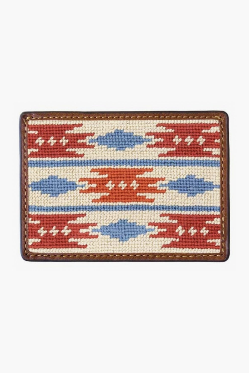A rectangular Smathers and Branson Italian leather wallet with a brown hand-stitched border and a woven pattern of red, blue, and cream geometric shapes.