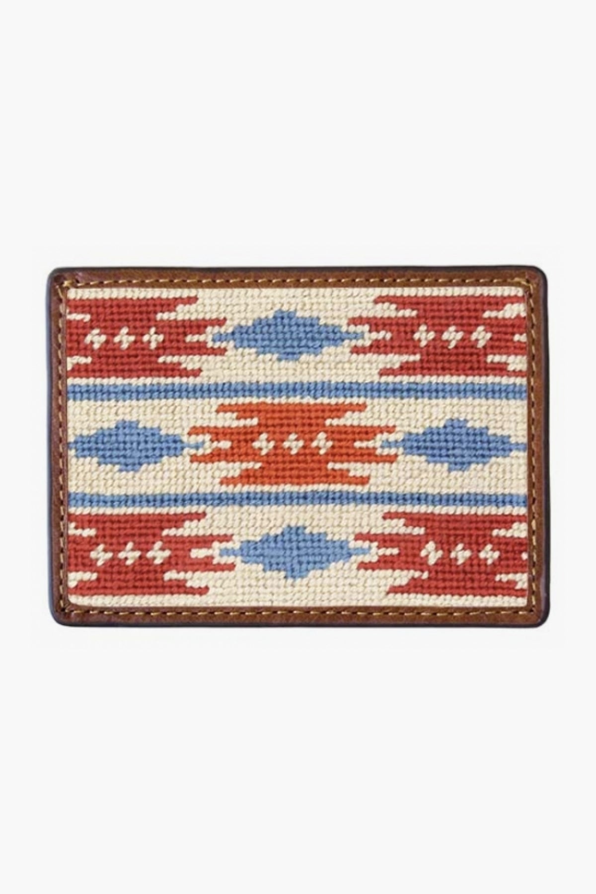 A rectangular Smathers and Branson Italian leather wallet with a brown hand-stitched border and a woven pattern of red, blue, and cream geometric shapes.