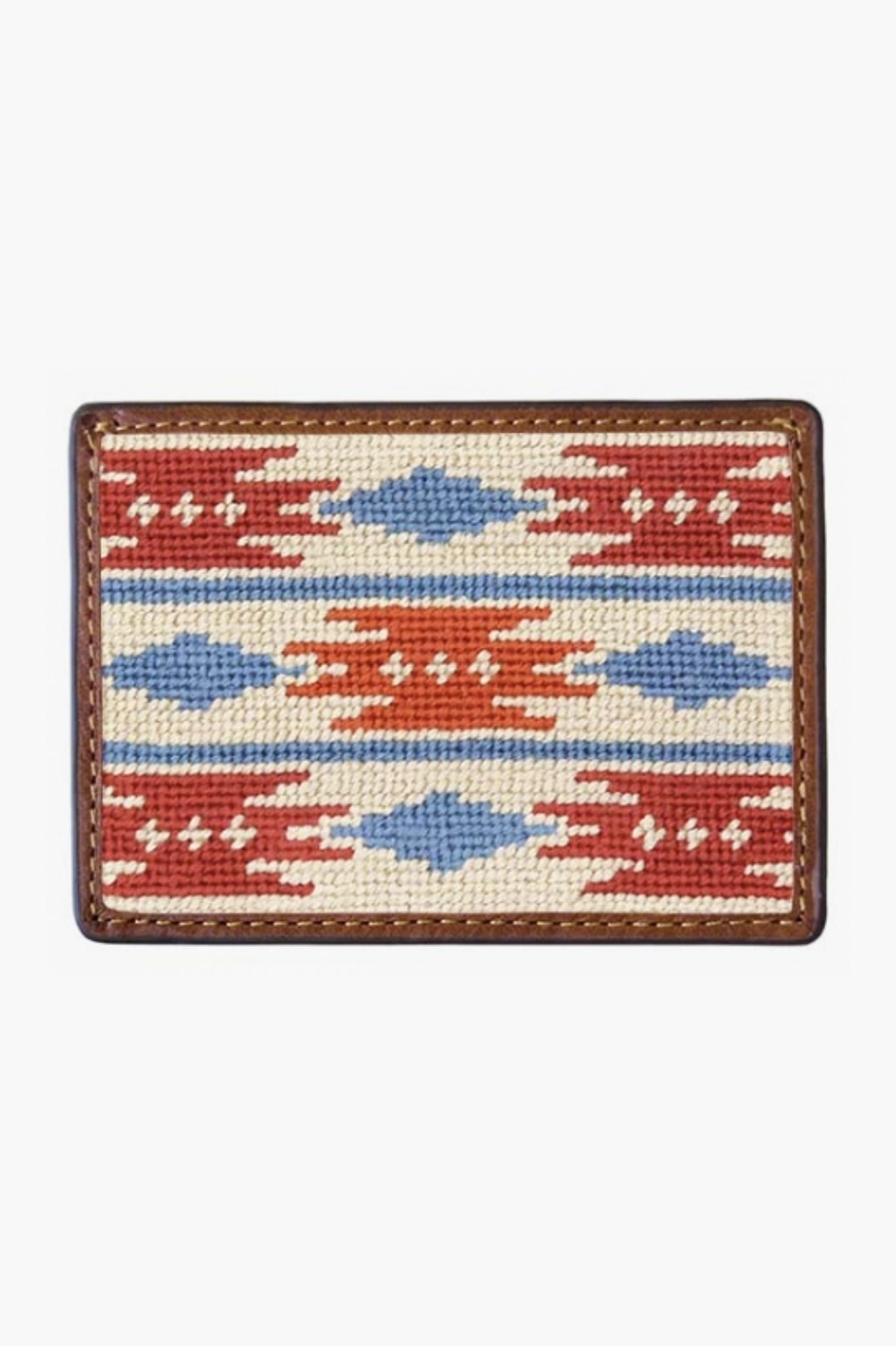 A rectangular Smathers and Branson Italian leather wallet with a brown hand-stitched border and a woven pattern of red, blue, and cream geometric shapes.