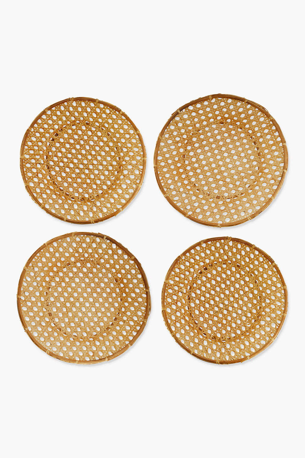 Chefanie’s set of four round woven rattan coasters with a lattice pattern creates stylish table decor and pairs beautifully with woven placemats or Cane Chargers.