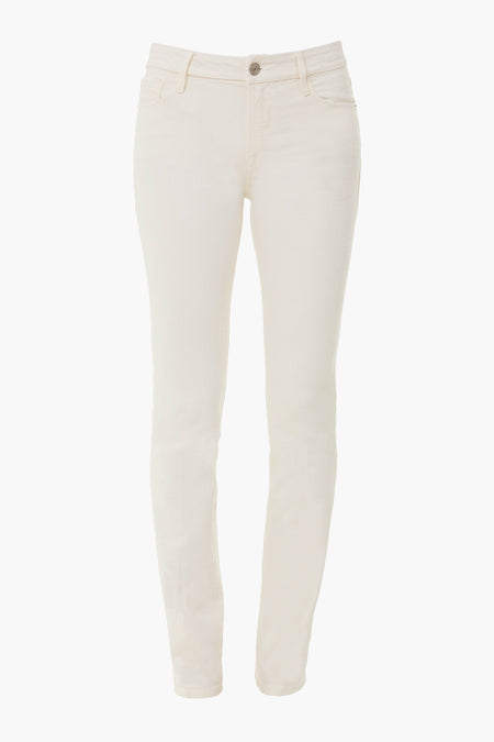 A pair of white, slim-fit FRAME jeans made from comfort stretch denim with button and zip closure, plus front and back pockets.
