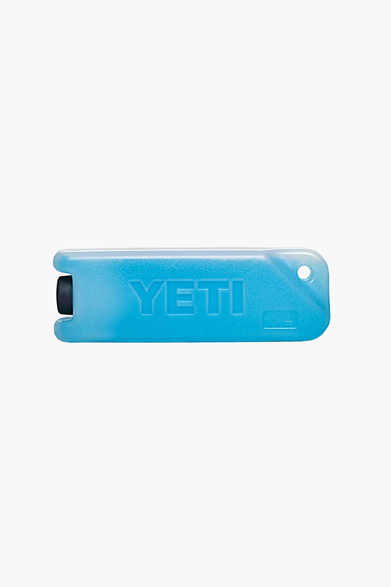 A blue rectangular YETI ICE pack with rounded edges, a corner hole, and an embossed YETI logo. This cooler accessory offers superior ice retention.