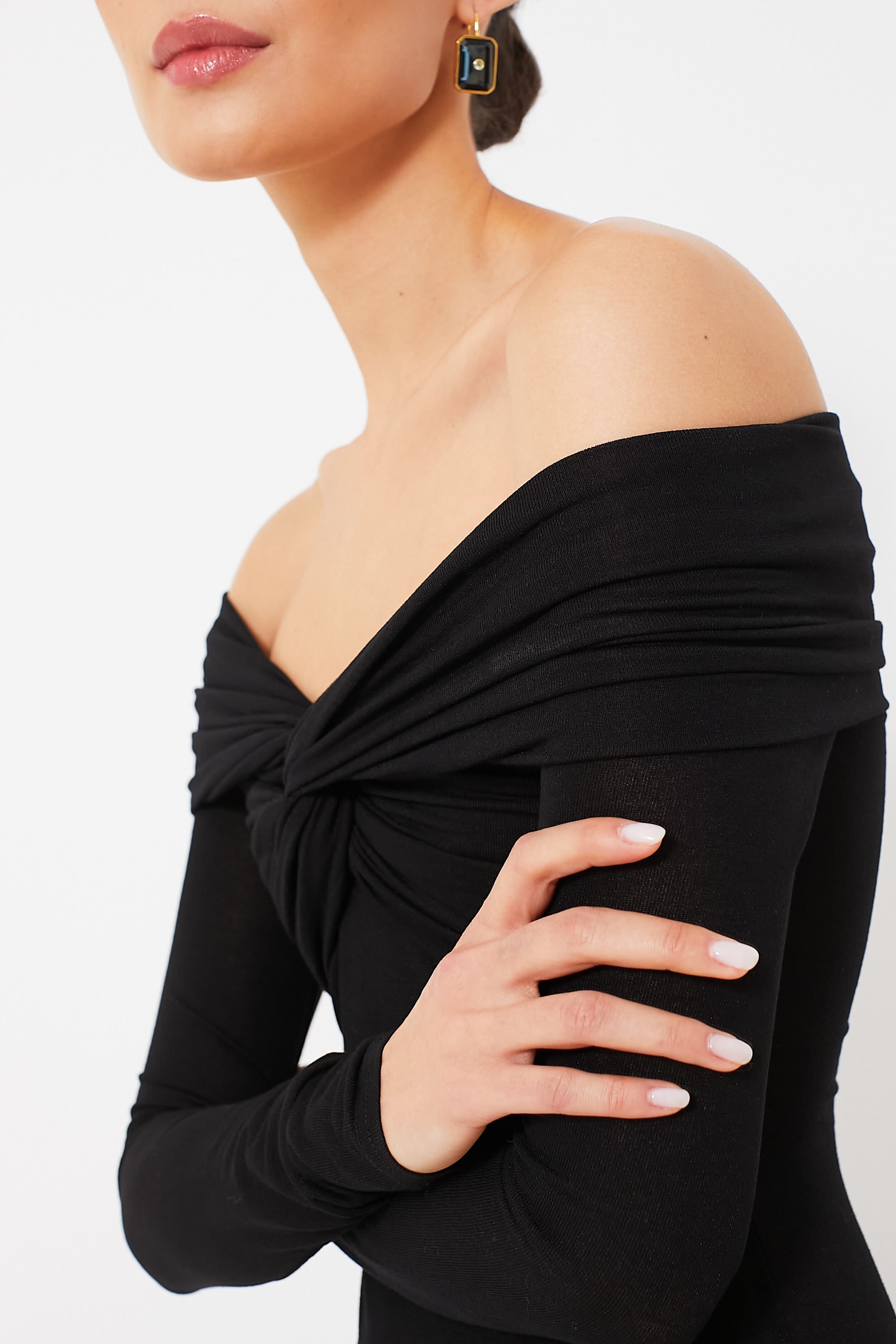 Shop the Moonrise Off-Shoulder Long Sleeve Ruched Dress Black