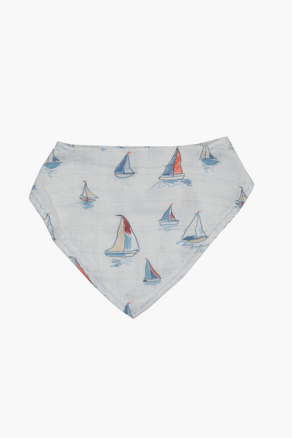 Angel Dear’s white baby bandana bib is made from organic cotton muslin and features a playful nautical pattern with blue and red sailboats.