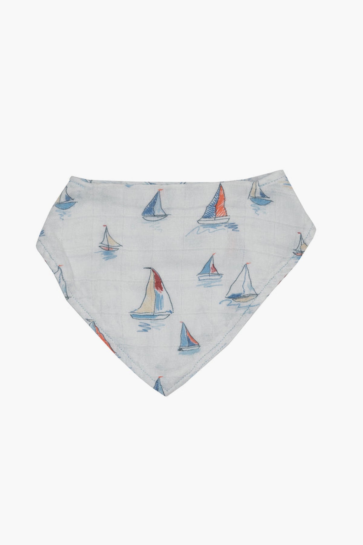 Angel Dear’s white baby bandana bib is made from organic cotton muslin and features a playful nautical pattern with blue and red sailboats.
