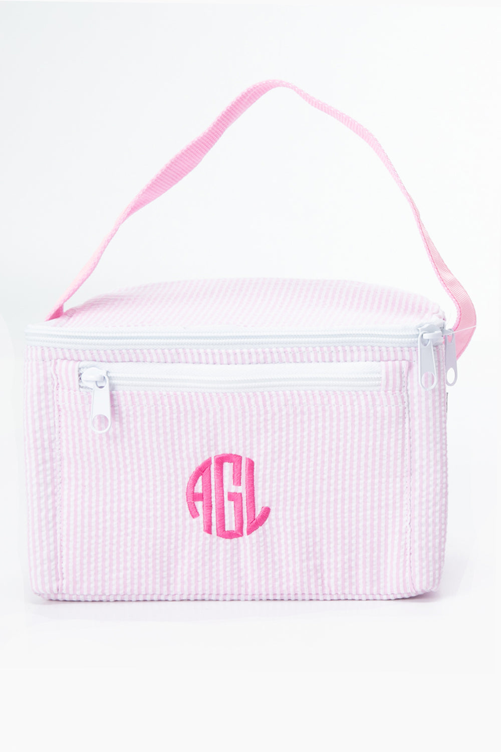 The Caton's Wharf Seersucker Lunch Box features pink and white stripes, a handle, two zippers, and AGL initials embroidered on the front.