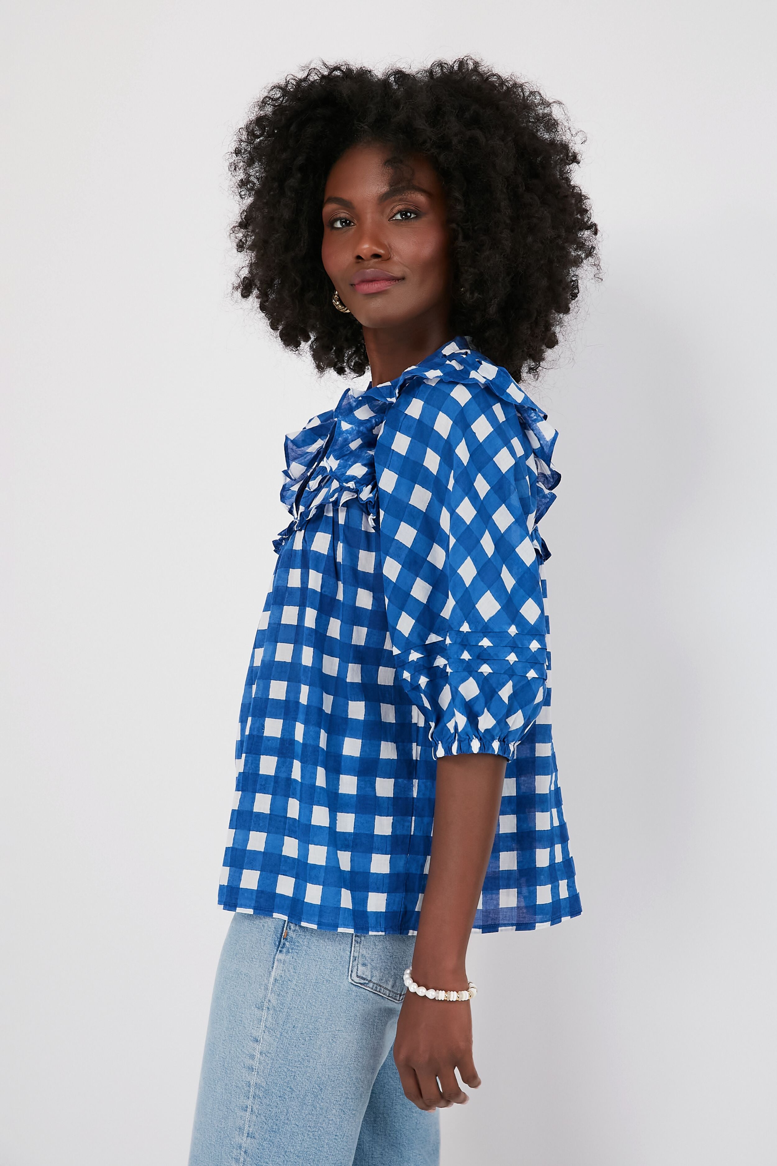 NEW Cartolina Nantucket The Millie store Gingham Top Blouse Navy Size M