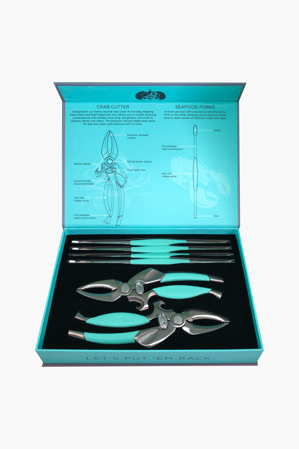 The Toadfish boxed seafood tool set includes two crab cutters and four turquoise-handled seafood forks, plus diagrams and instructions—perfect eco-friendly coastal tools for enjoying your favorite crab and lobster dishes.