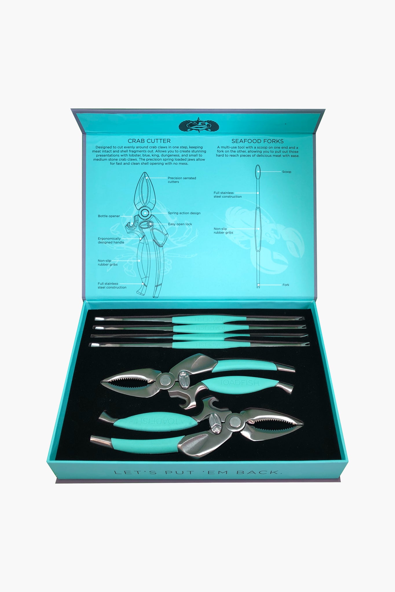 The Toadfish boxed seafood tool set includes two crab cutters and four turquoise-handled seafood forks, plus diagrams and instructions—perfect eco-friendly coastal tools for enjoying your favorite crab and lobster dishes.