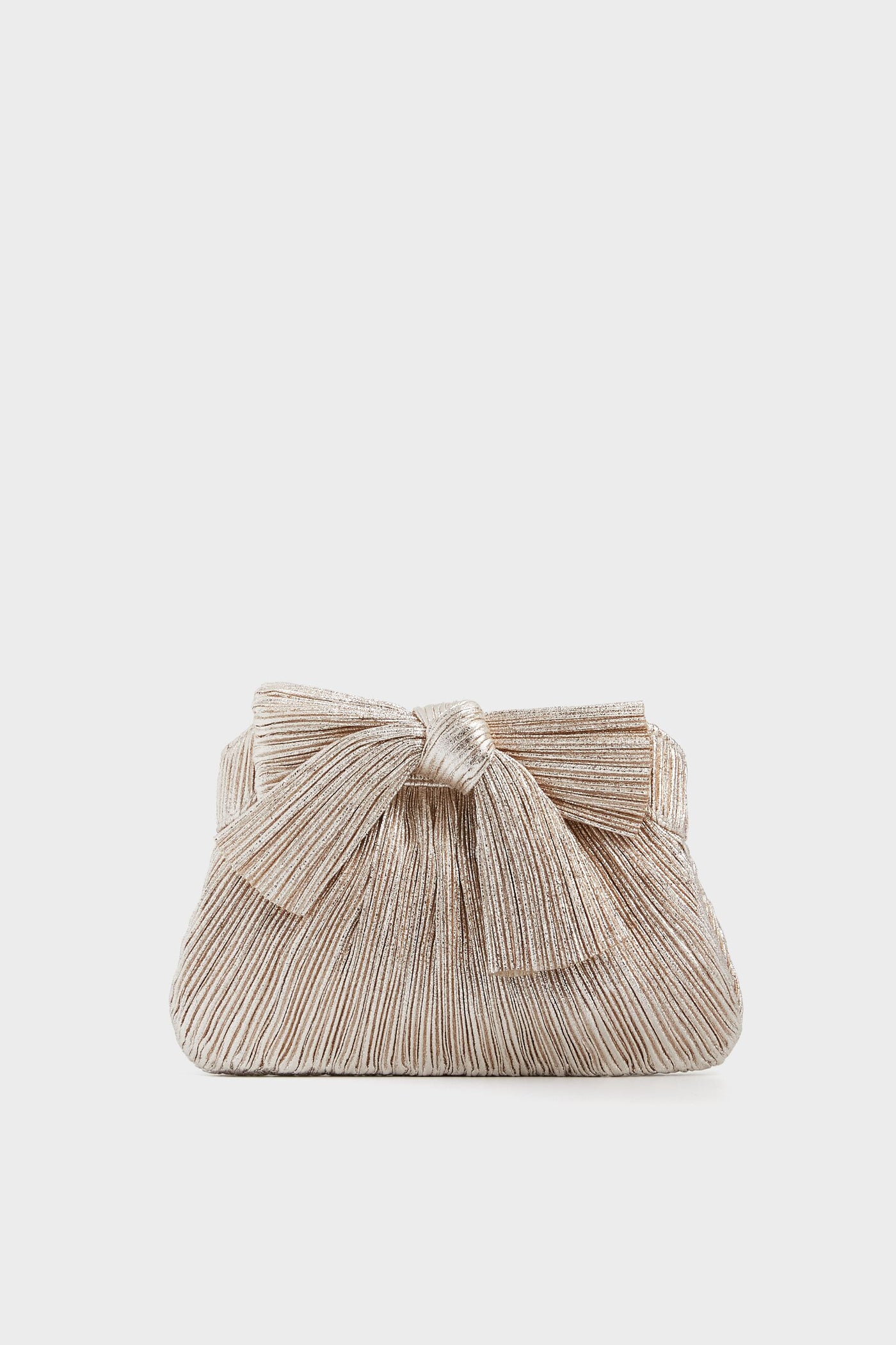 A Loeffler Randall clutch featuring a pleated frame, metallic finish, and large front bow—perfect for special occasions.